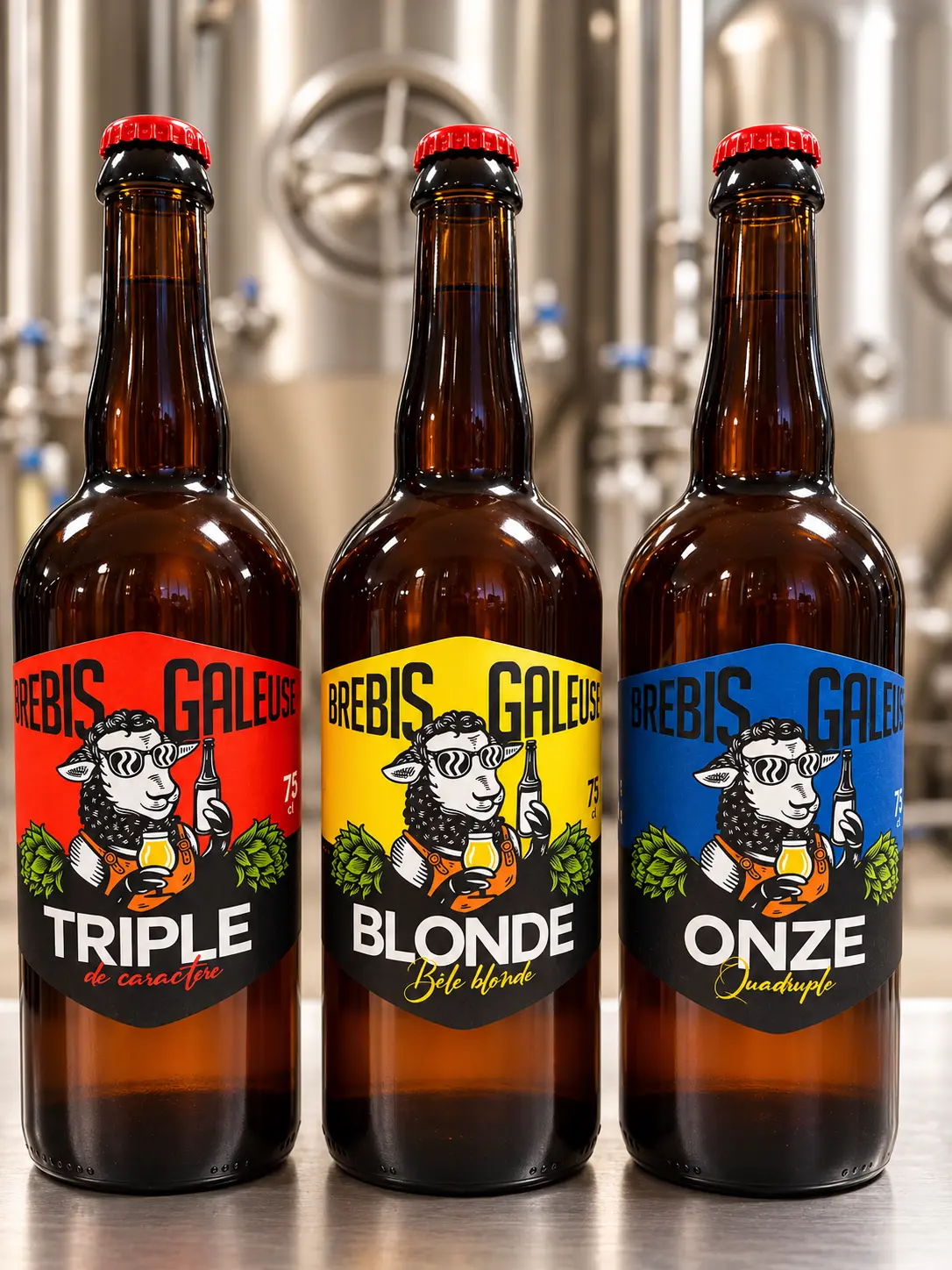 Brebis Galeuse Triple, Blonde et Onze photographiées devant les cuves de la Brasserie Brewbaix