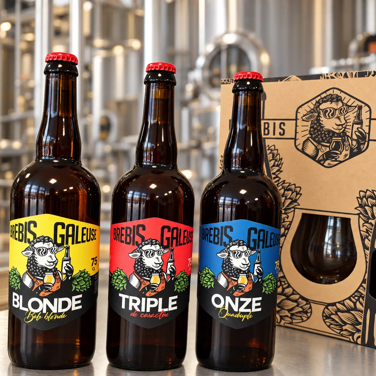 Brebis Galeuse Blonde, Triple et Onze avec leur coffret devant les cuves Brewbaix