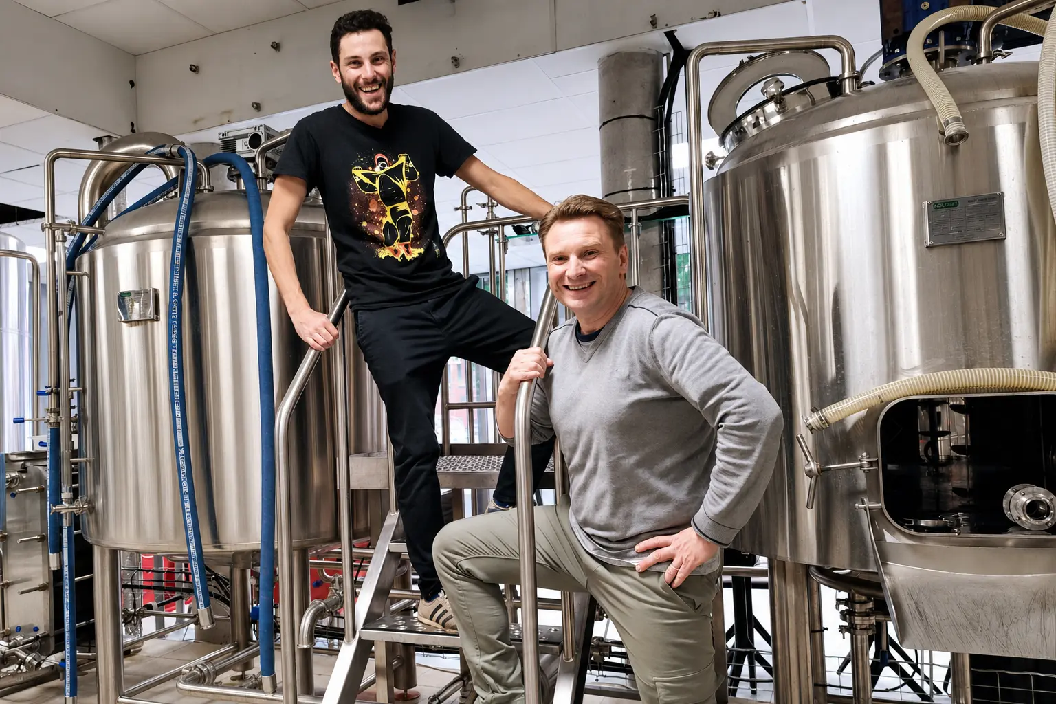 L’équipe Brewbaix en 2024 au milieu des cuves de la brasserie