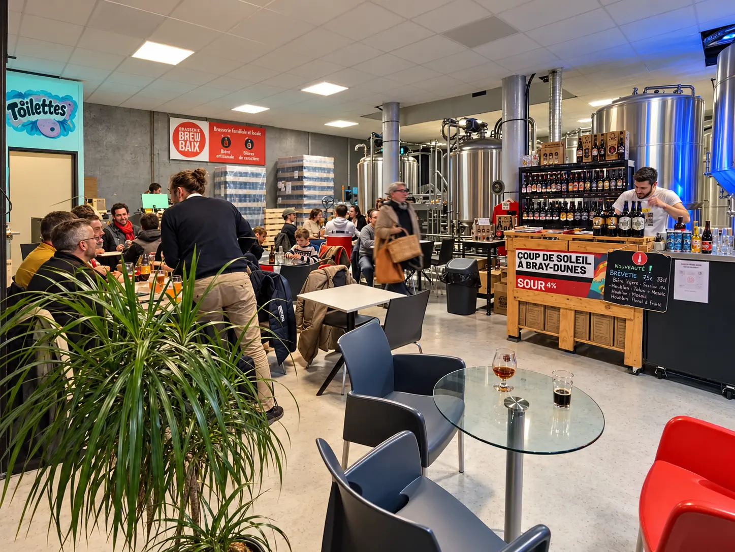 La taproom Brewbaix animée avec les cuves et le comptoir en arrière-plan